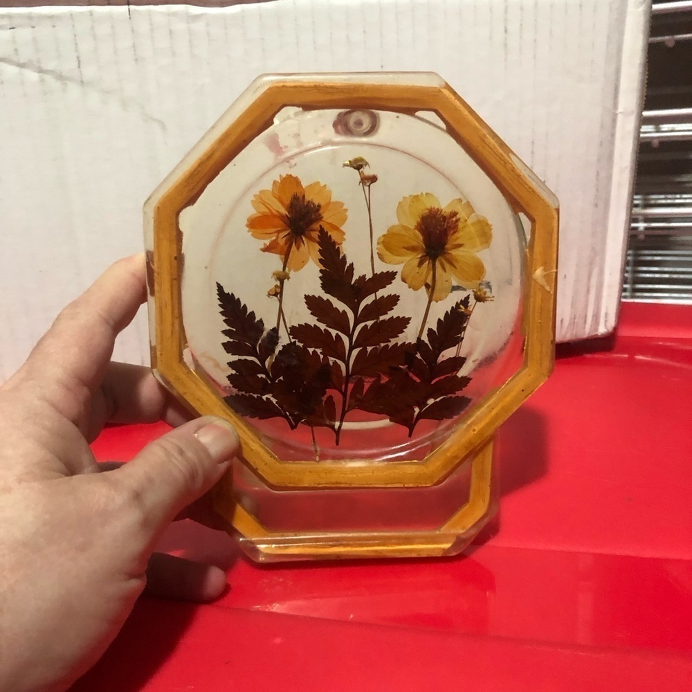 Vintage octagon lucite Resin Art with Floral Design
